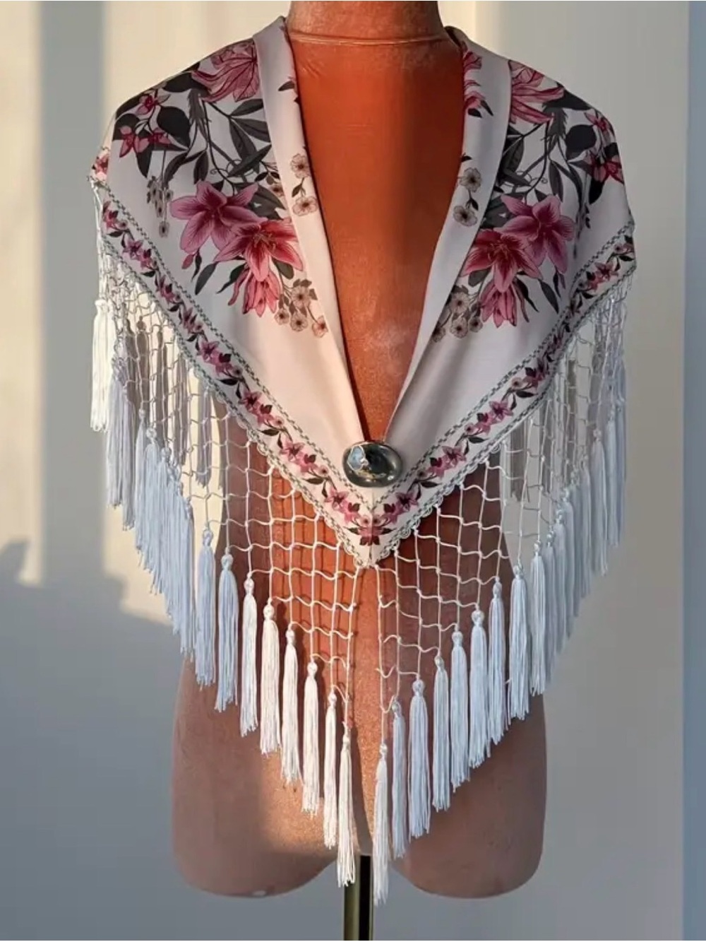 Floral Pink & White Fringe Triangle Scarf Wrap - Picture 3 of 11